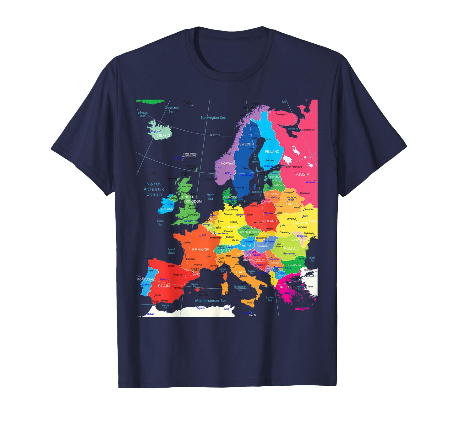 Map of Europe with Border, Countries, Capitals, Large Cities T-Shirt
