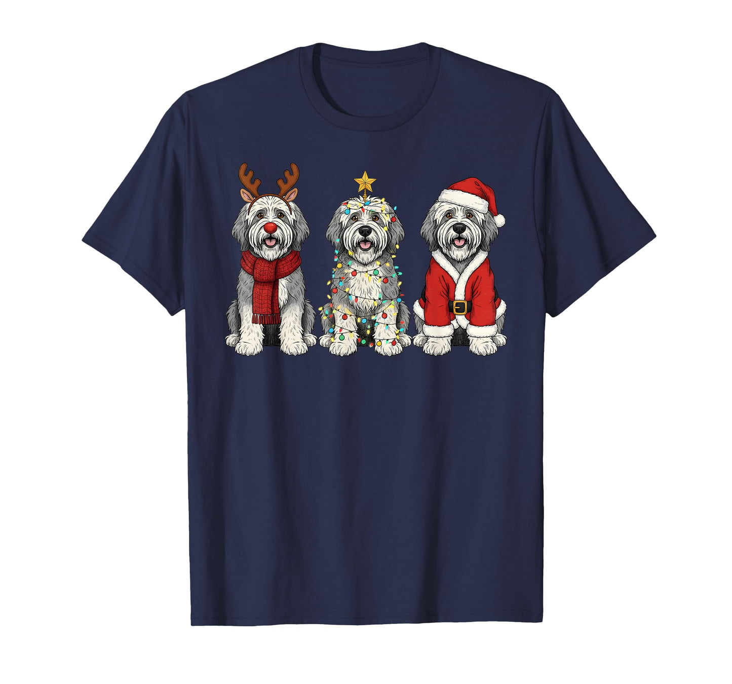 Retro Christmas Old English Sheepdog Santa Reindeer Dog T-Shirt