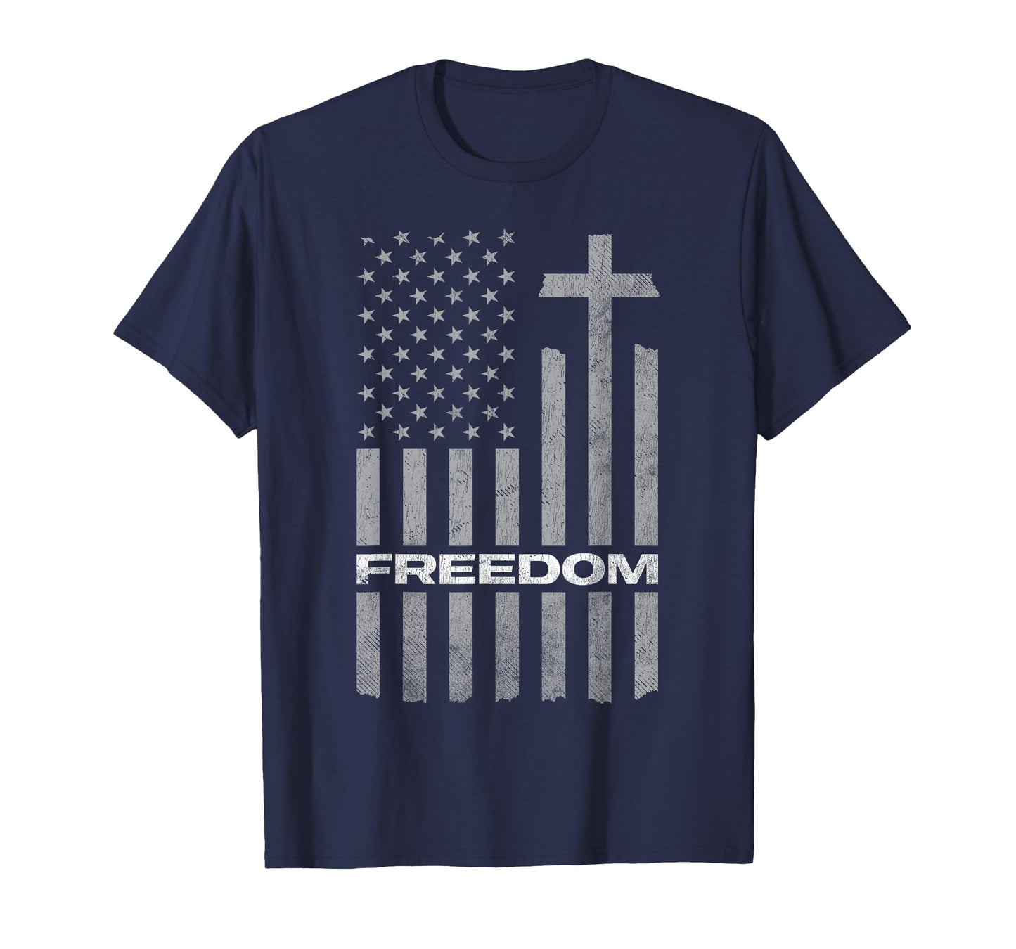 Freedom Distressed American Flag Cross Christian T-Shirt