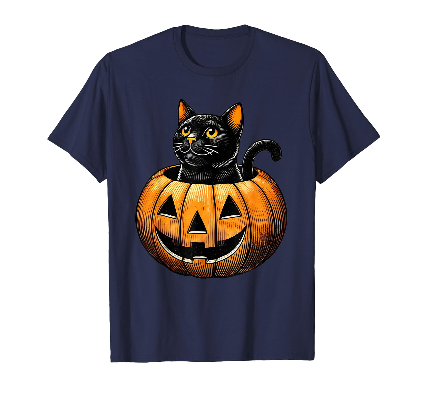 Retro Black Cat in Pumpkin Fun Halloween Costume Men Women Kids T-Shirt