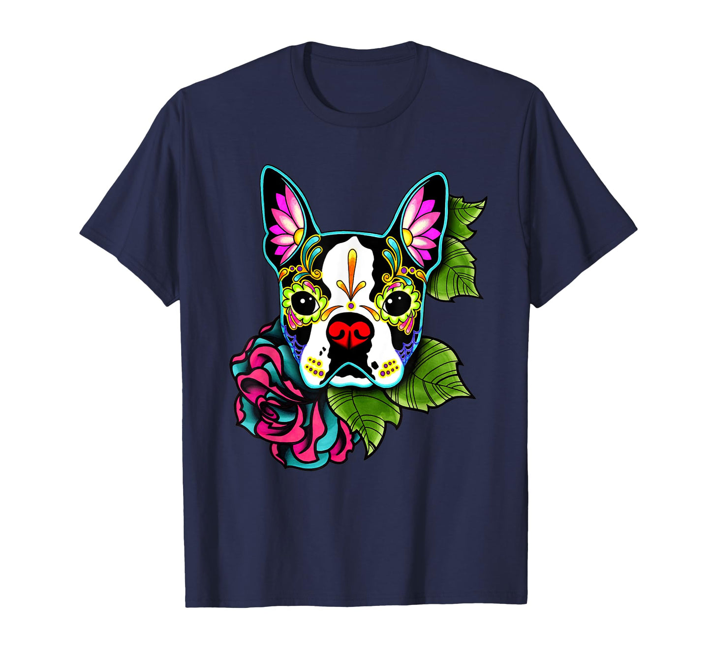 Boston Terrier in Black - Day of the Dead Sugar Skull Dog T-Shirt for Men Women Kids