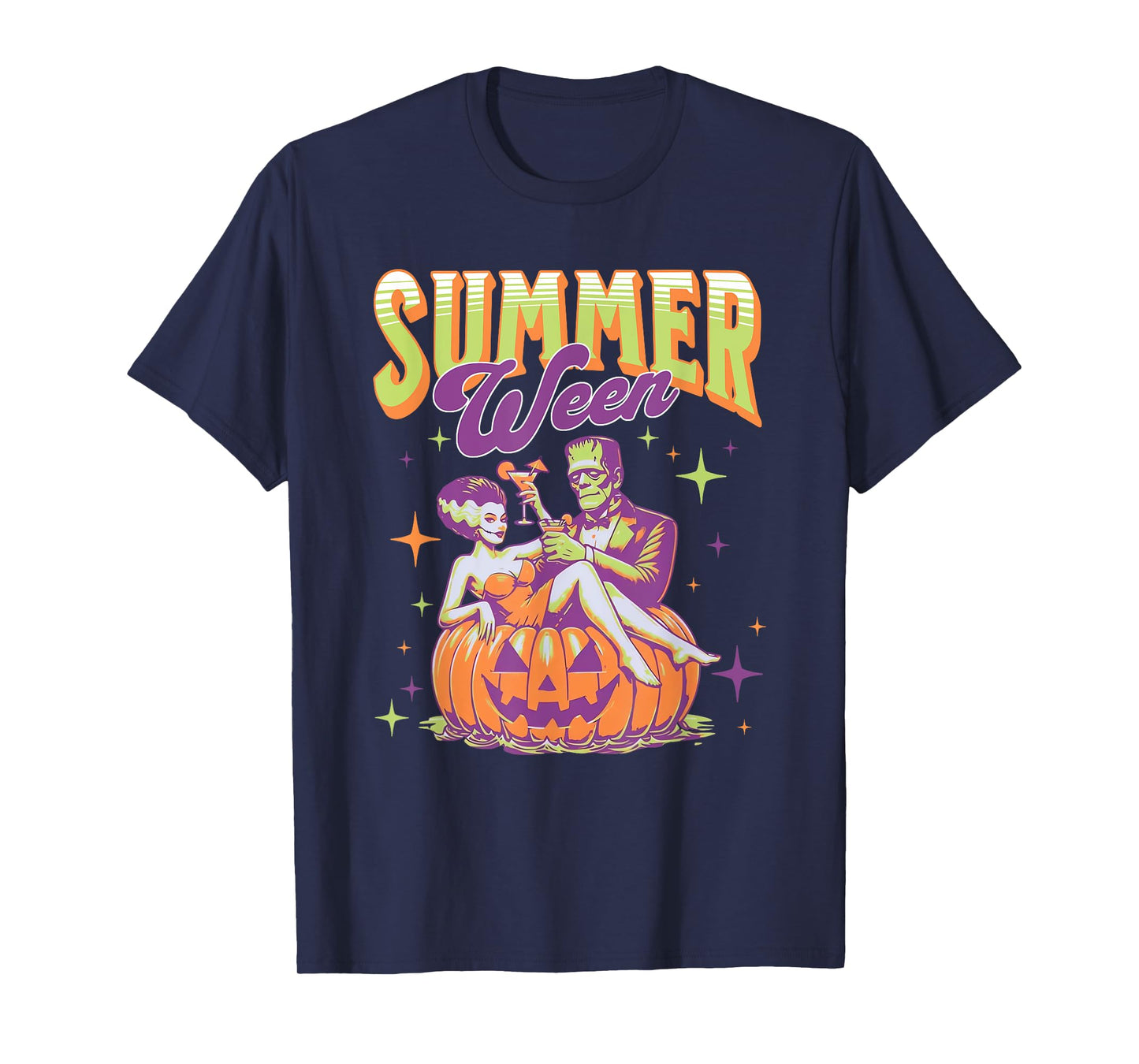 Retro Happy Summerween Funny Frankenstein Monster And Bride T-Shirt