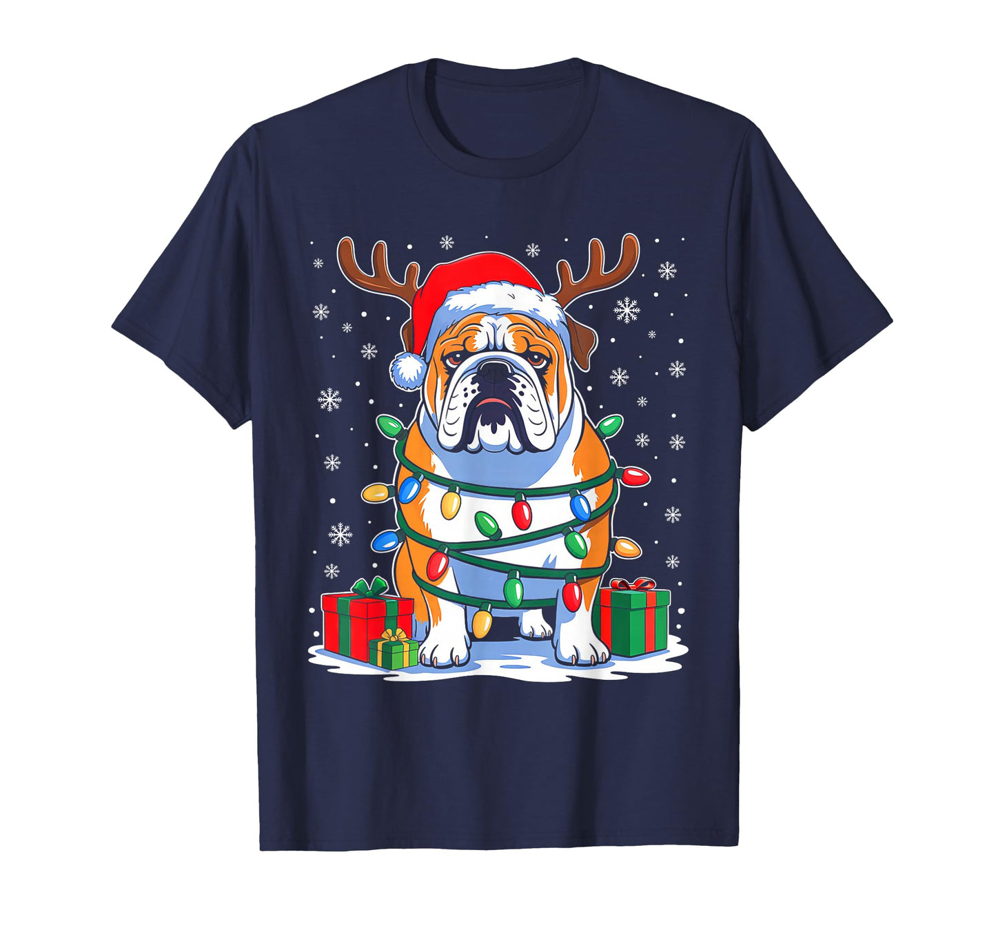 English Bulldog Dog Christmas Lights Santa Hat Xmas Pajamas T-Shirt