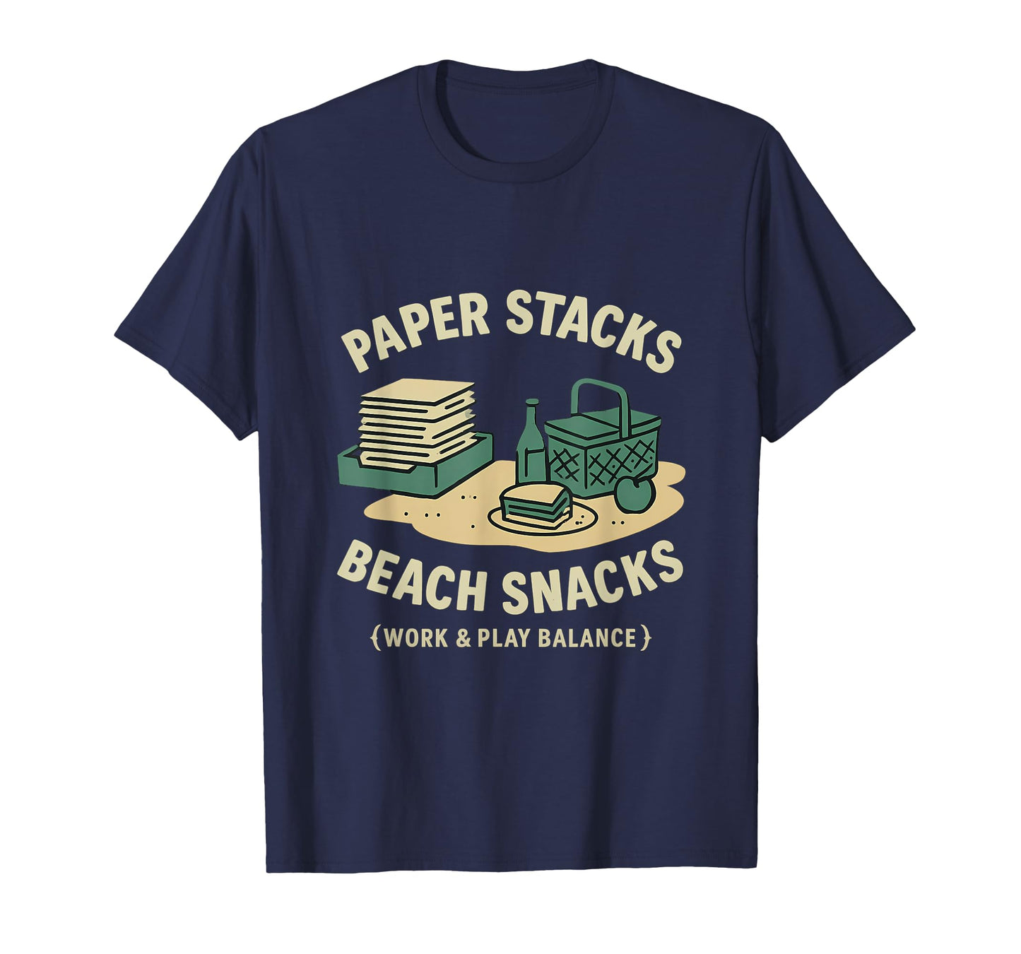 Paper Stacks, Beach Snacks Work Play Balance Design T-Shirt