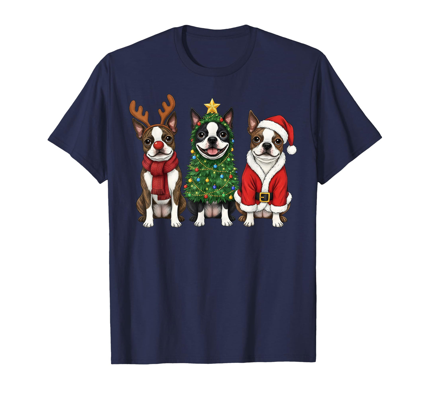 Retro Christmas Boston Terrier Santa Reindeer Dog Lover T-Shirt