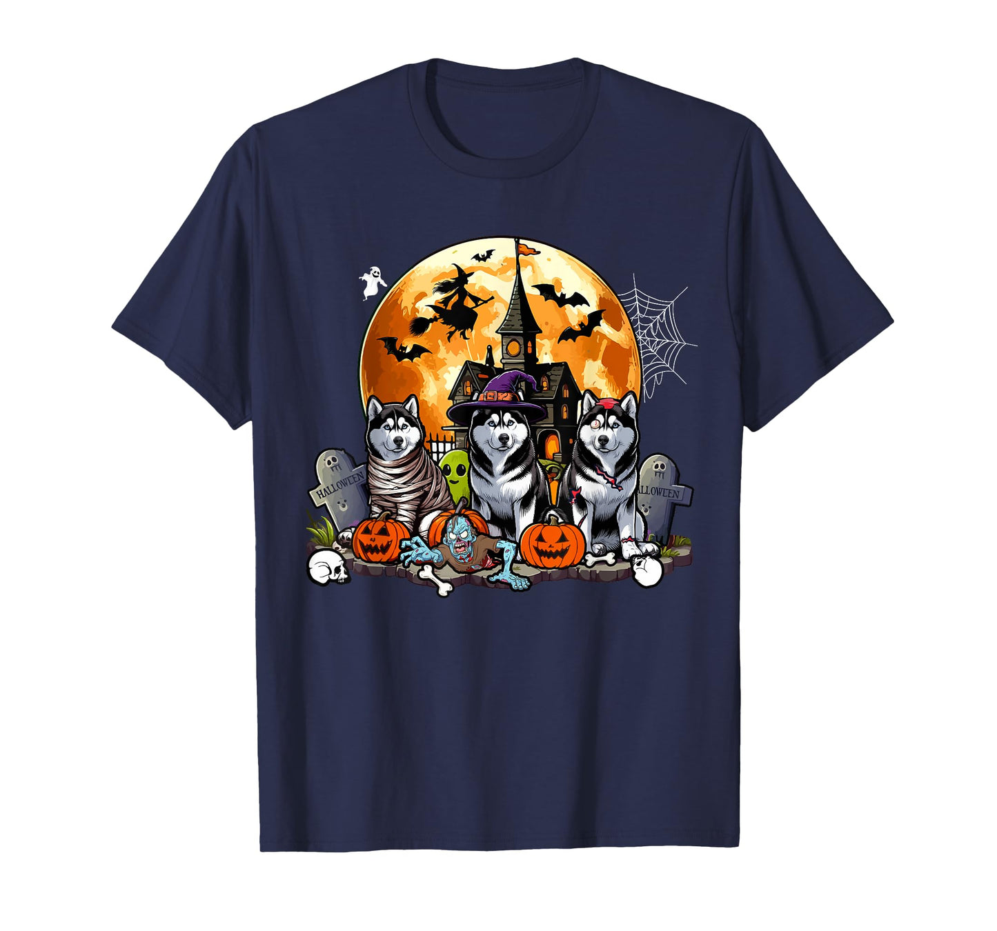 Three Halloween Huskies As Horror Witch Mummy Zombie T-Shirt