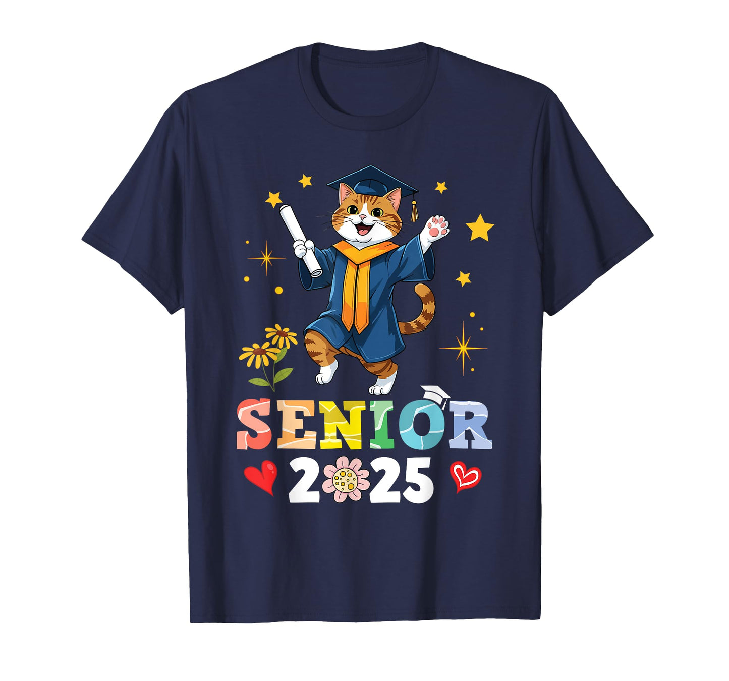 Cute Cat Senior 2025 Graduation School College University T-Shirt for Men Women Kids