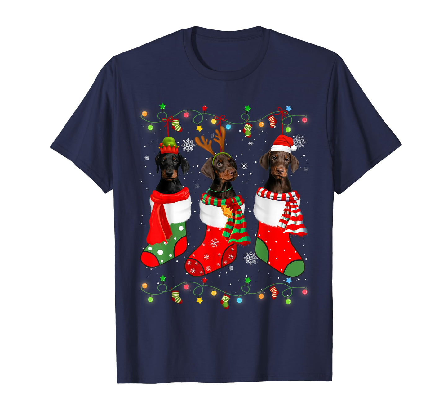 Doberman Dog Christmas Socks Santa Hat Xmas Lights T-Shirt