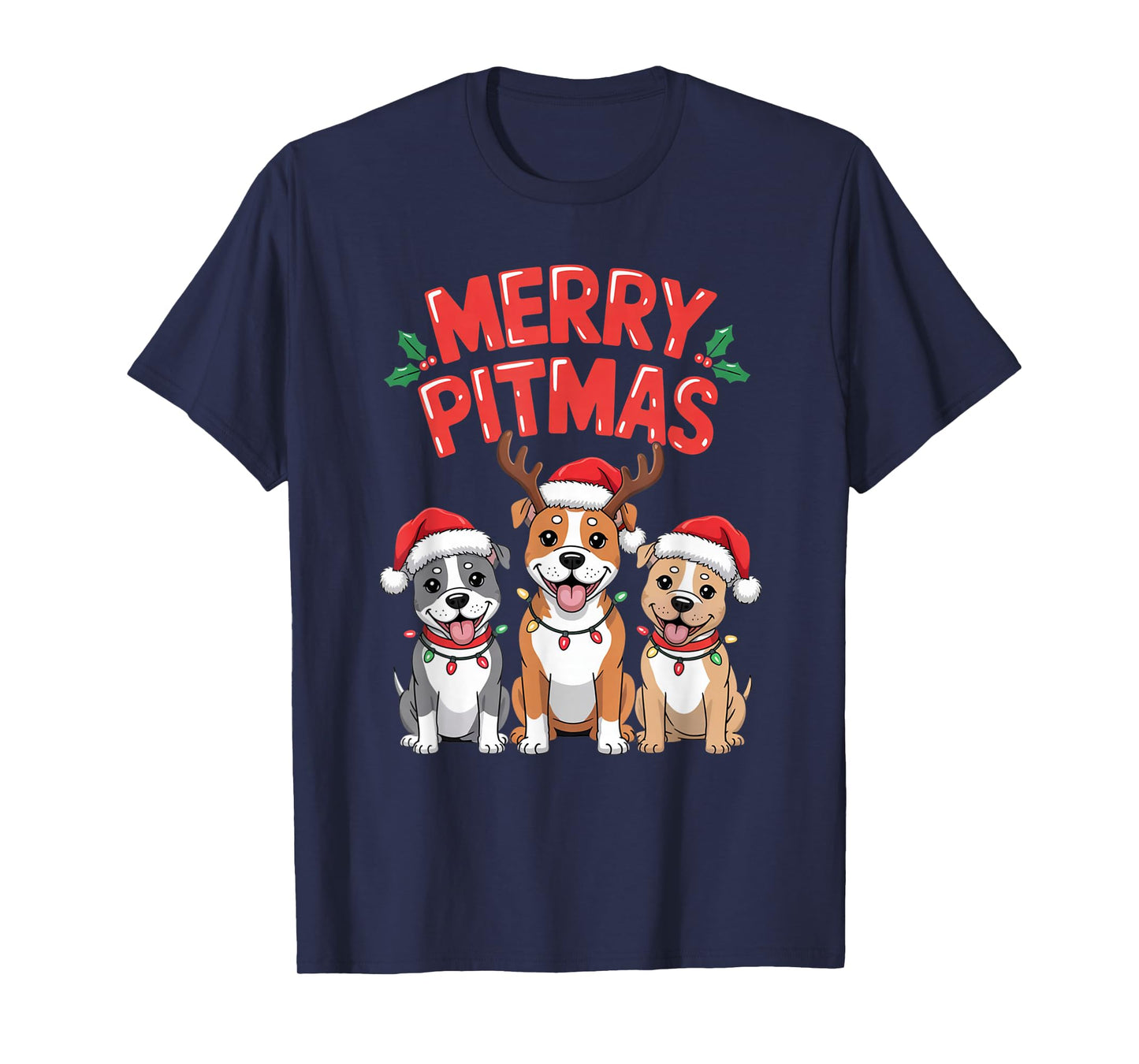 Merry Pitmas Funny Christmas Pitbull Dog Lights Santa Hat T-Shirt