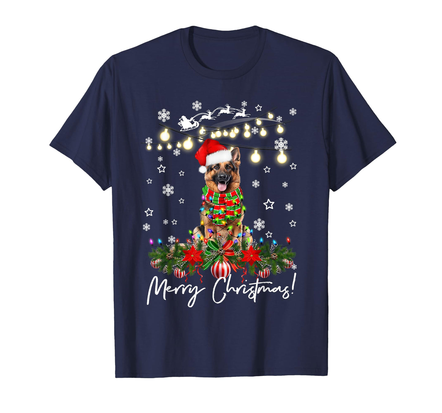 German shepherd Merry Christmas Lights Santa Hat T-Shirt