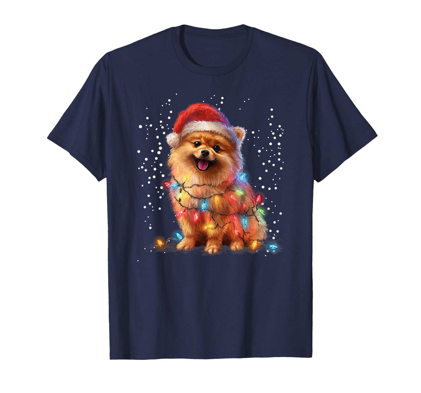Christmas Lights Pomeranian Wearing Xmas Hat Cute Dog T-Shirt