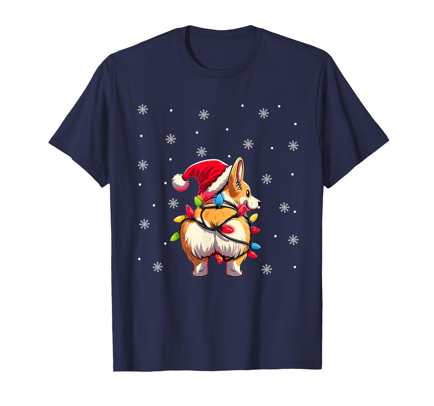 Corgi Butt Funny Santa Hat Christmas Snowflakes Lights T-Shirt