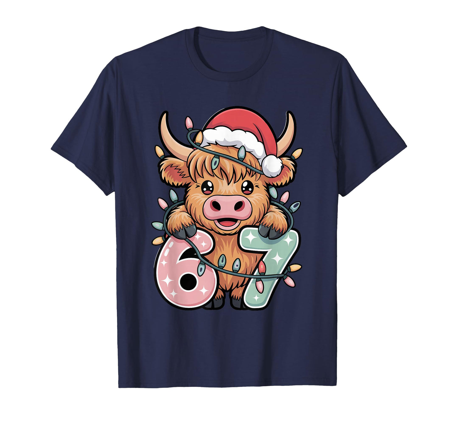 Kawaii Christmas Highland Cow 6 7 Meme Xmas Cow Lover Kids T-Shirt