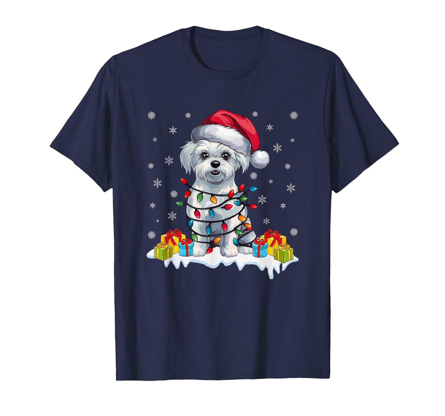 Xmas Lighting Maltese Dog Wearing Santa Hat Ugly Christmas T-Shirt