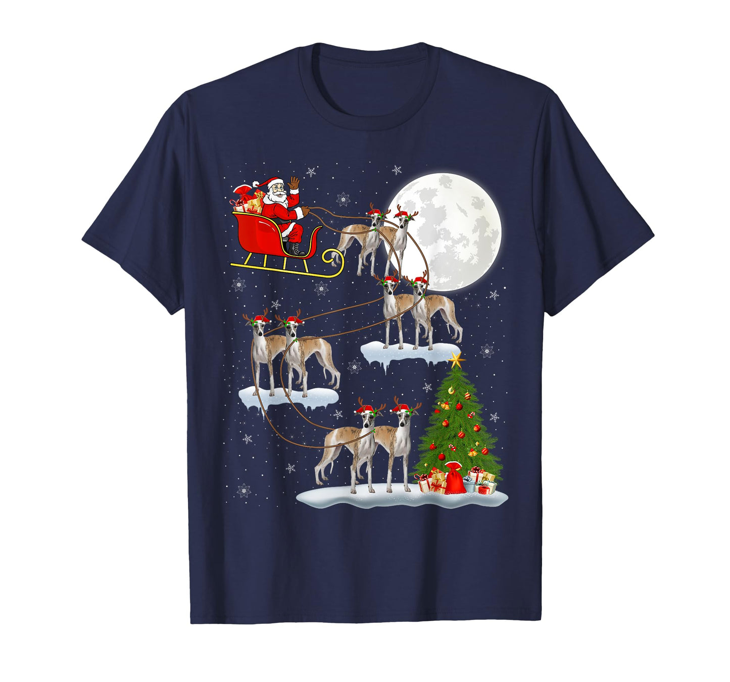 Xmas Tree Lights Funny Santa Riding Whippet Dog Christmas T-Shirt
