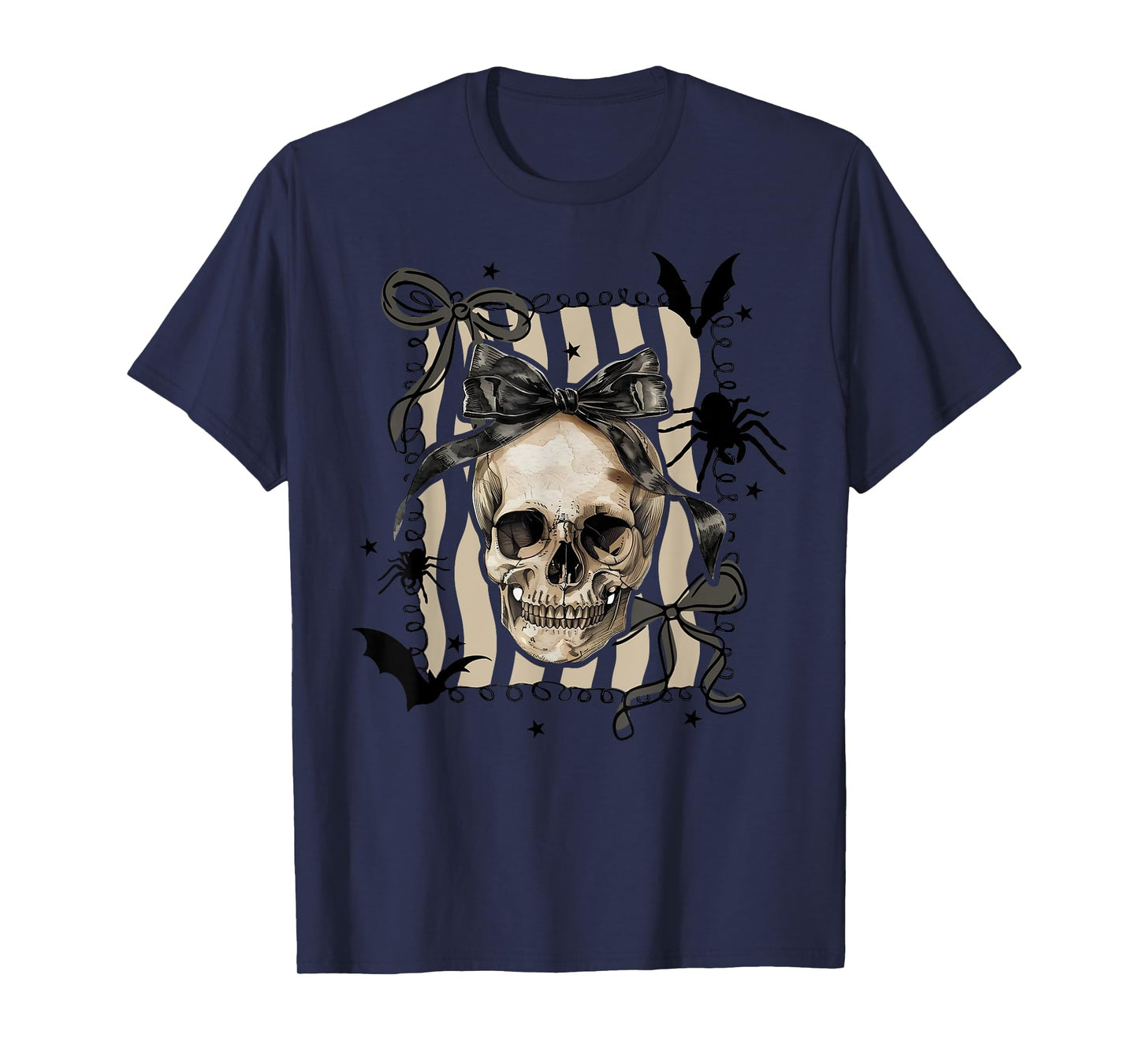Retro Preppy Skull Skeleton Coquette Bow Spooky Halloween T-Shirt