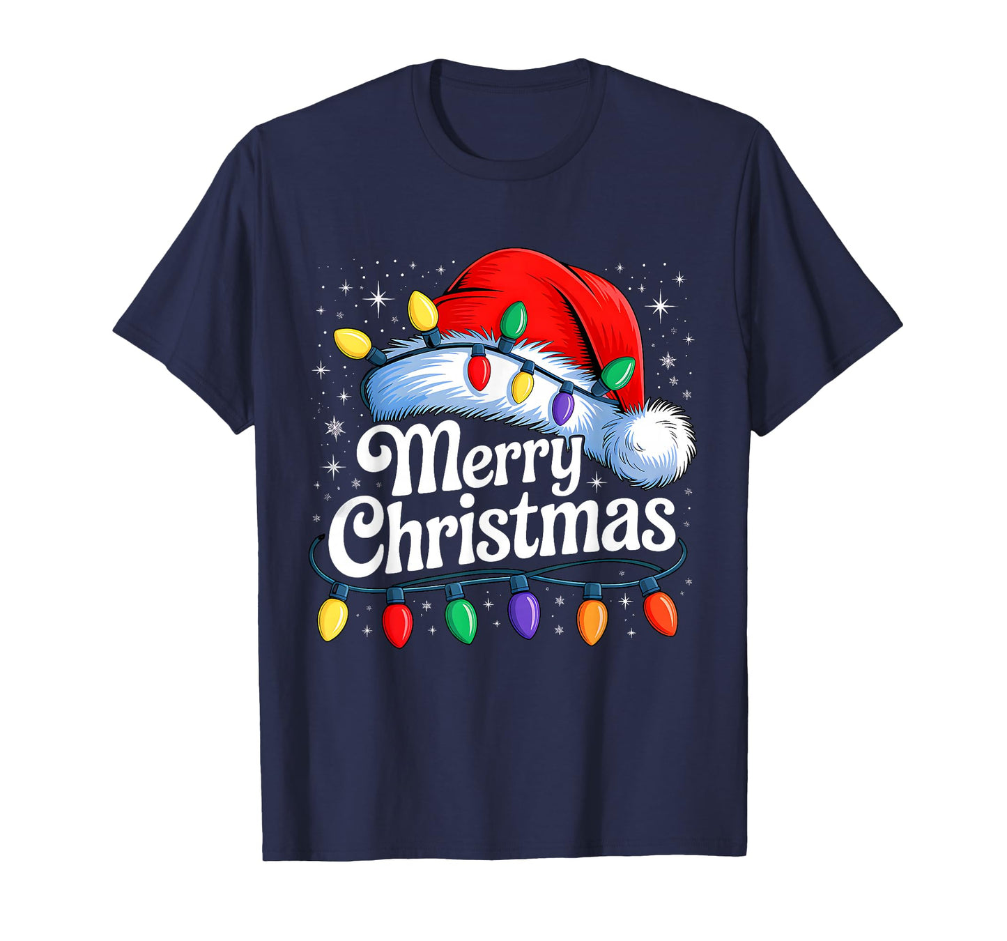 Merry Christmas Lights Red Santa Hat Xmas Family Men Women T-Shirt