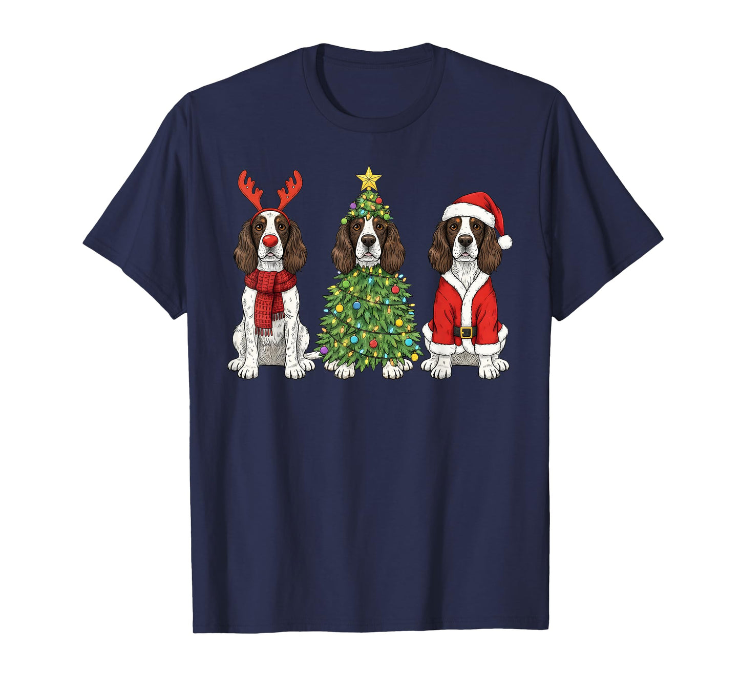 Retro Christmas English Springer Spaniel Santa Reindeer Dog T-Shirt