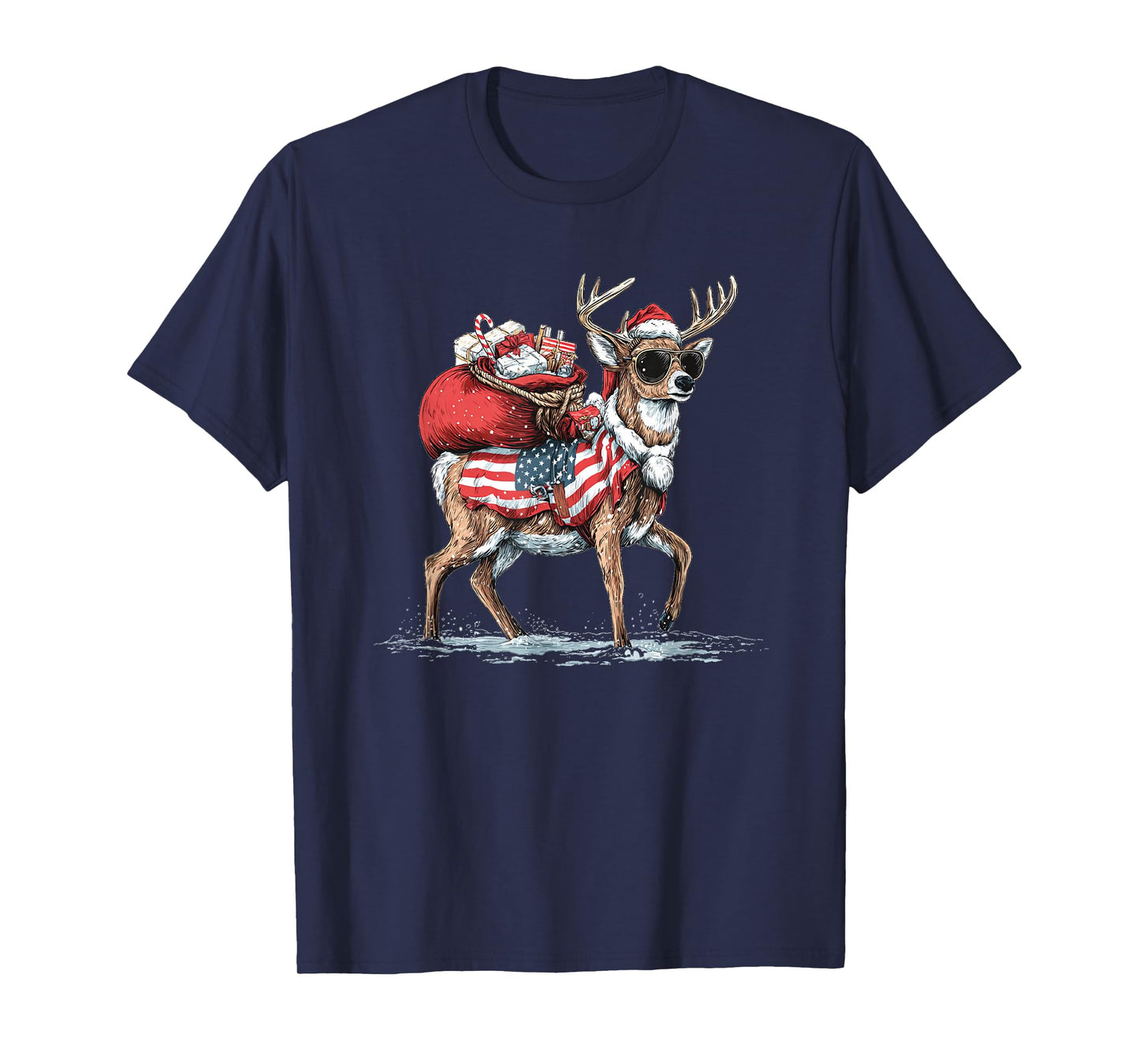 Cool Santa's Reindeer with Sunglasses and US Colors T-Shirt