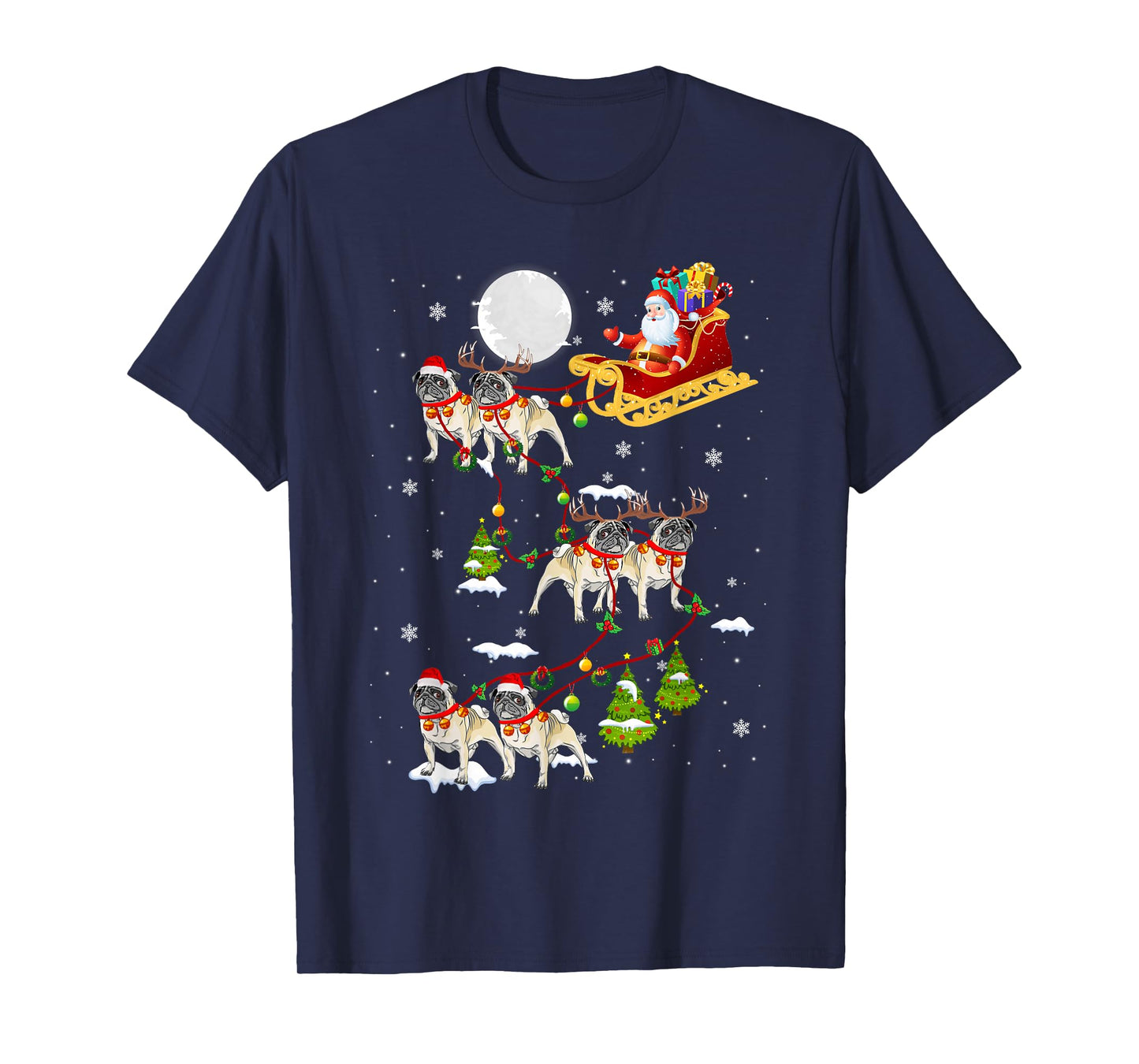 Santa Riding Pug Sleigh Christmas Pug Reindeer T-Shirt