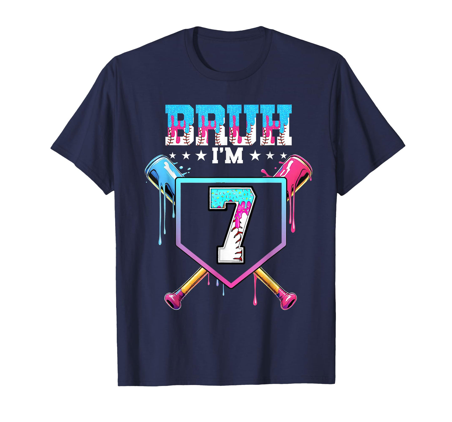Bruh 7th Birthday Boy Baseball Ice Cream Drip 7 Year Old Boy T-Shirt