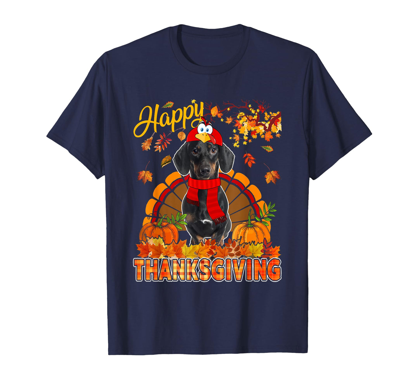 Thanksgiving Dachshund Wearing Turkey Costume Fall Leaves T-Shirt