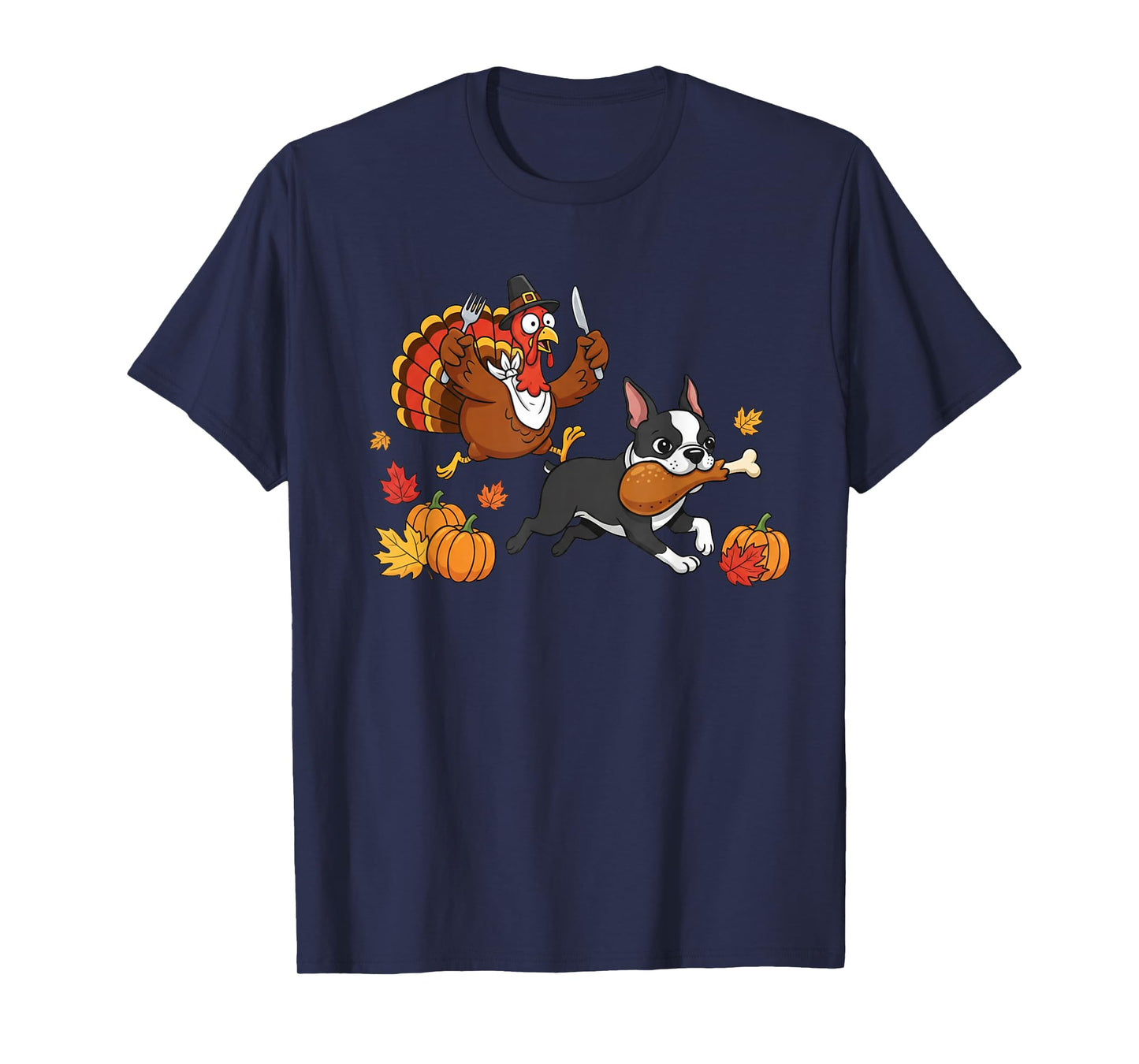 Boston Terrier Turkey Autumn Thanksgiving Womens Mens Kids T-Shirt