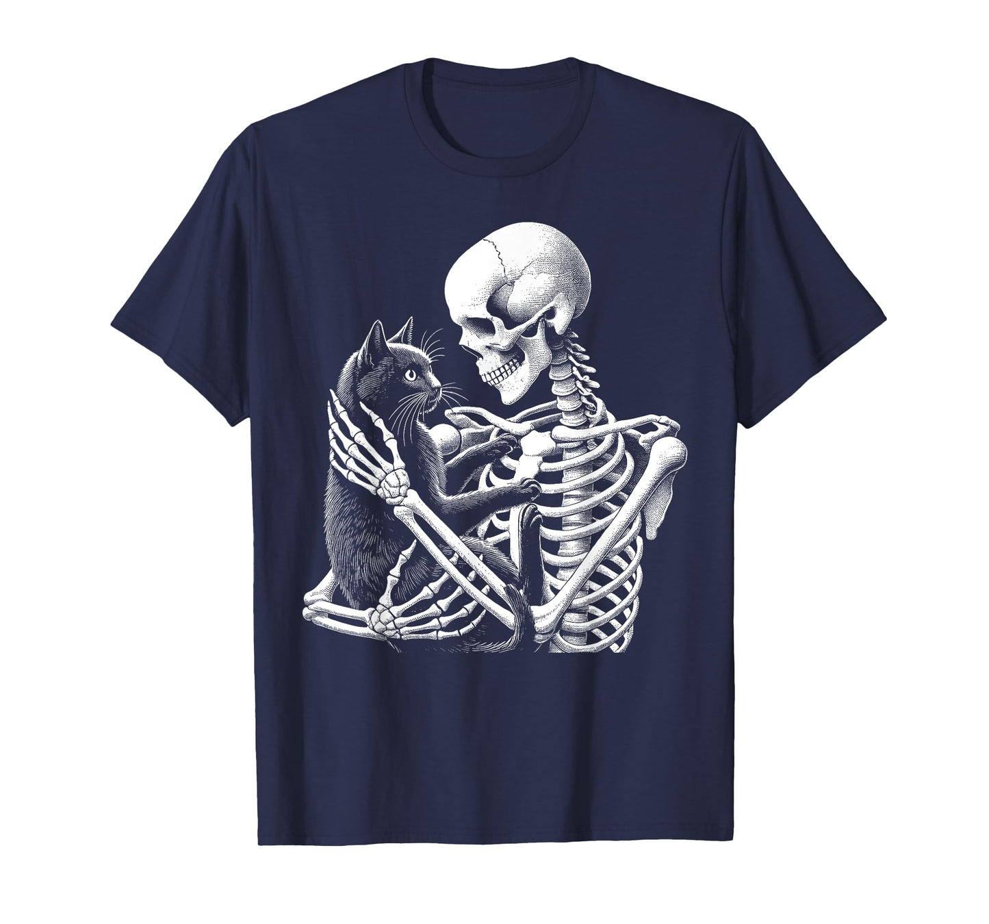 Skeleton Holding A Cat Funny Lazy Halloween Costume Skull T-Shirt