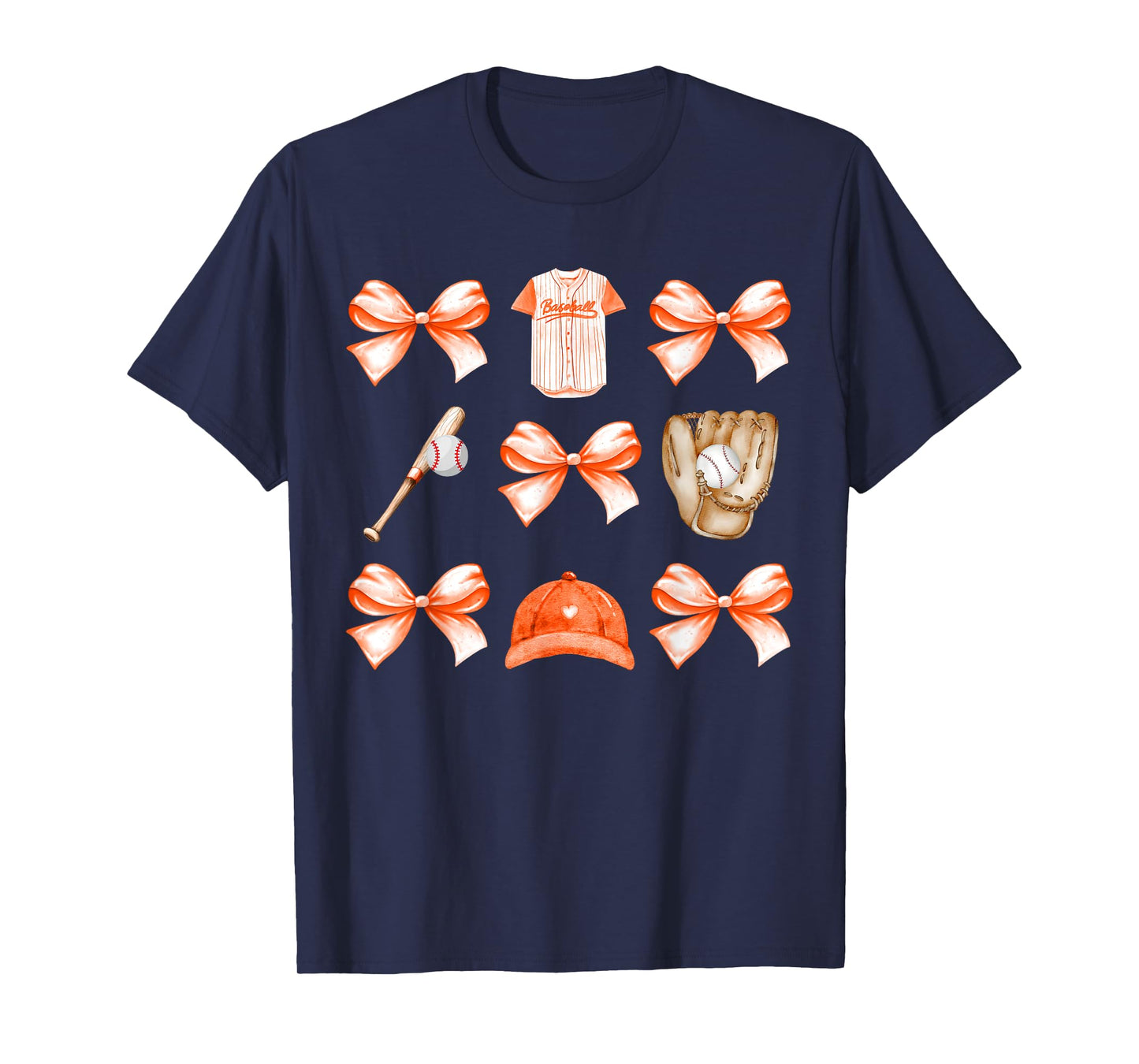 Baseball Game Day Orange Coquette Bow Baseball Mom Retro T-Shirt