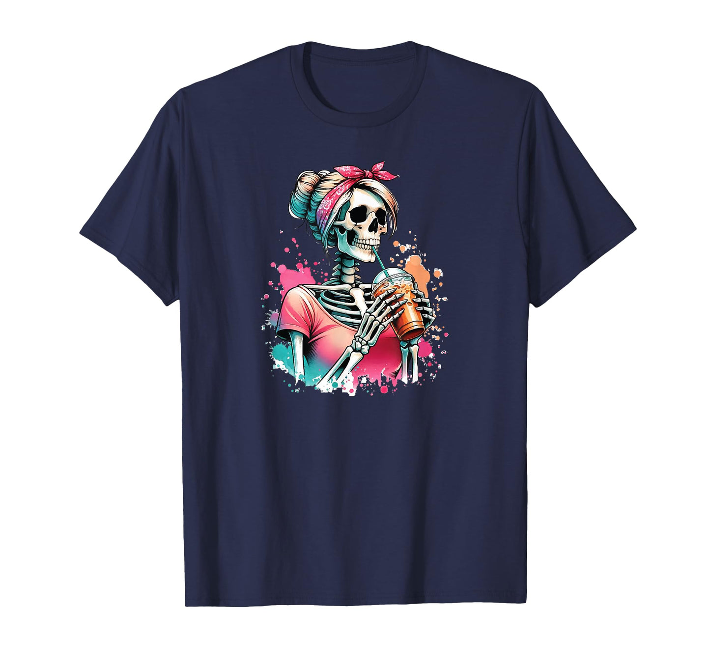 Messy Bun Drinking Coffee Tee Women Skeleton Never Better T-Shirt