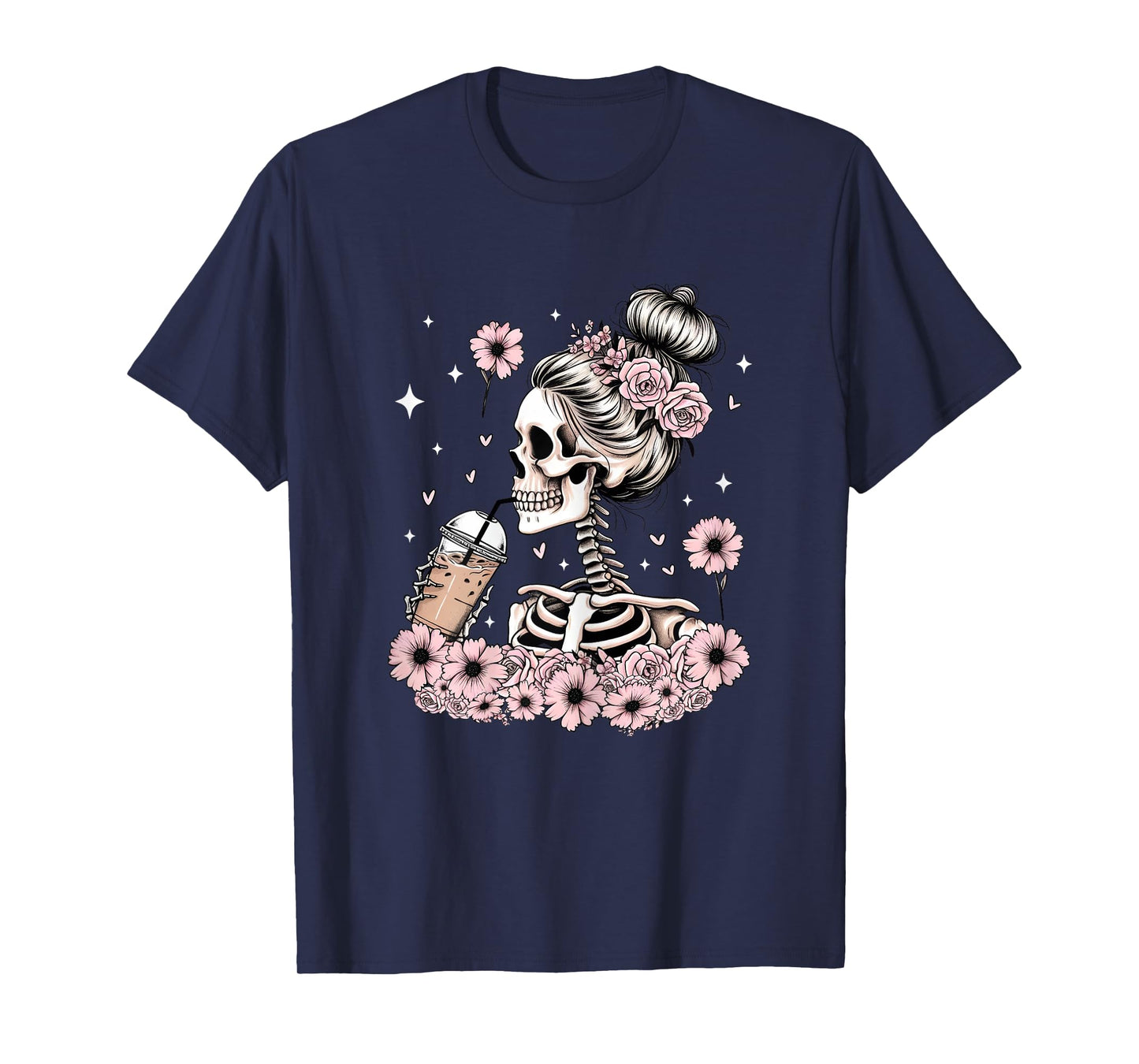 Halloween Skeleton Messy Bun Coffee Funny Costume Mom Women T-Shirt