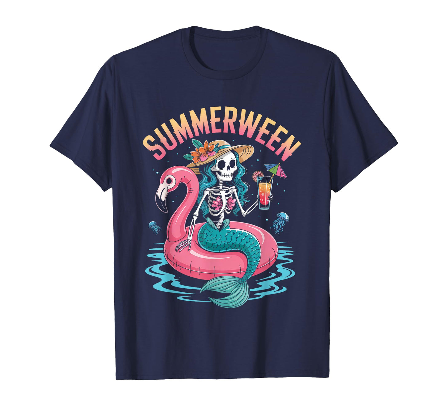 Summerween Mermaid Skeleton Beach Flamingo Halloween Girl T-Shirt