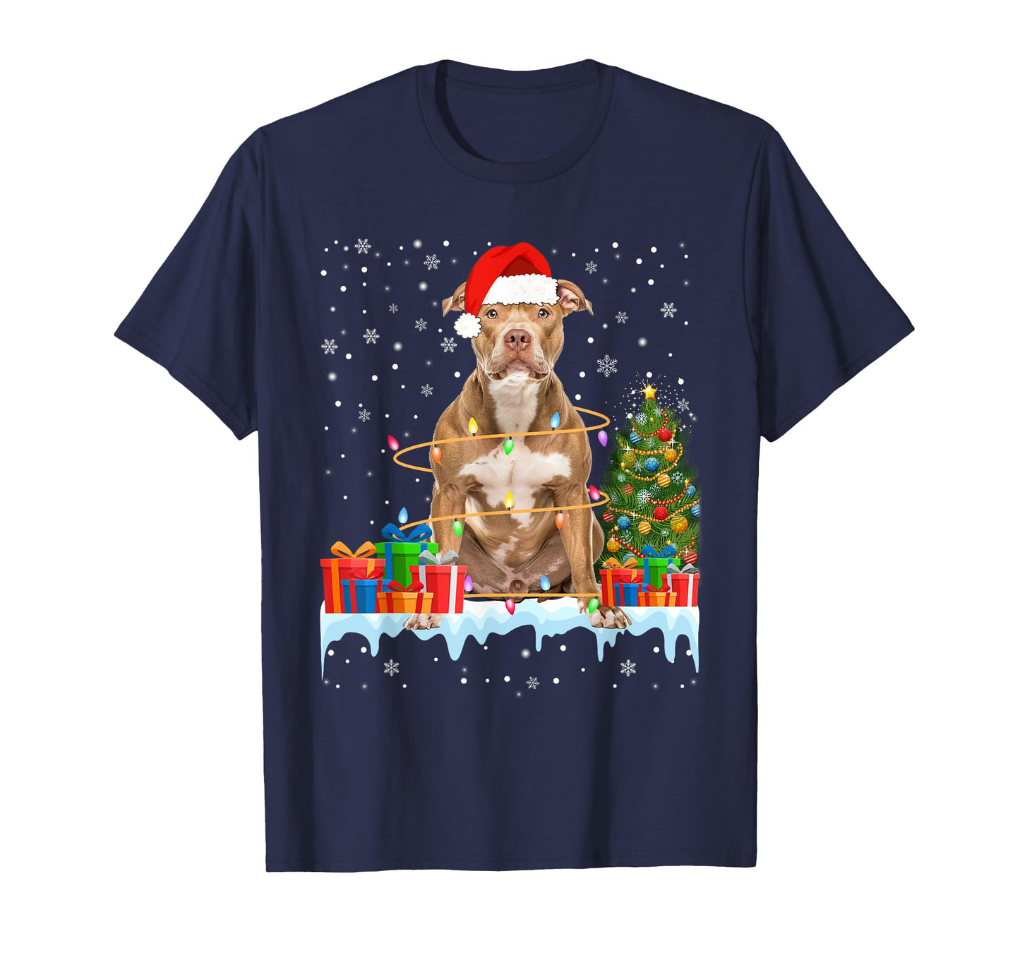 Funny Santa Pitbull Dog Christmas Lights Xmas Pajamas Men Women Kids T-Shirt