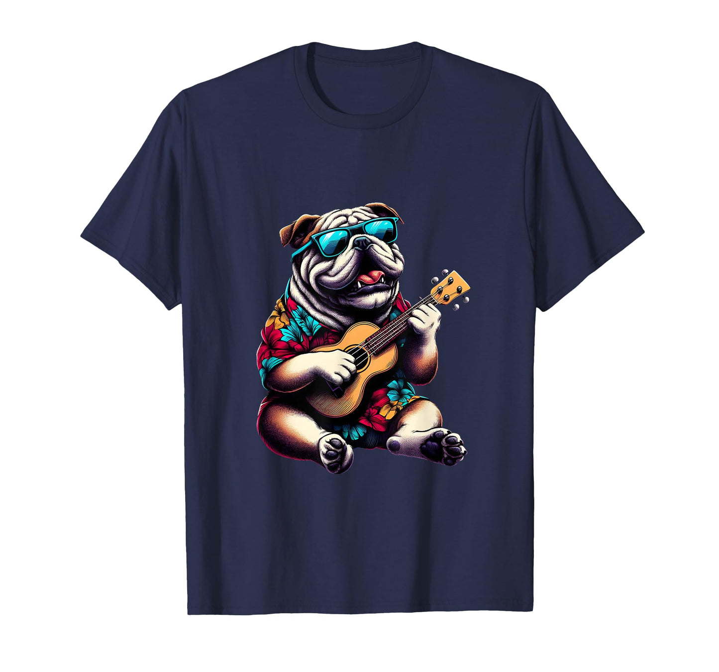 Bulldog Wearing a Hawaiian Shirt, Playing a Ukulele T-Shirt for Men Women Kids