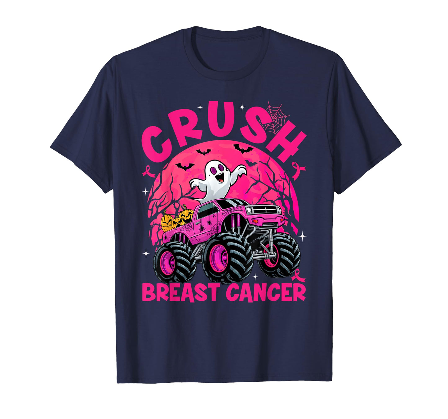 Halloween Ghost Monster Truck Crush Breast Cancer Awareness T-Shirt