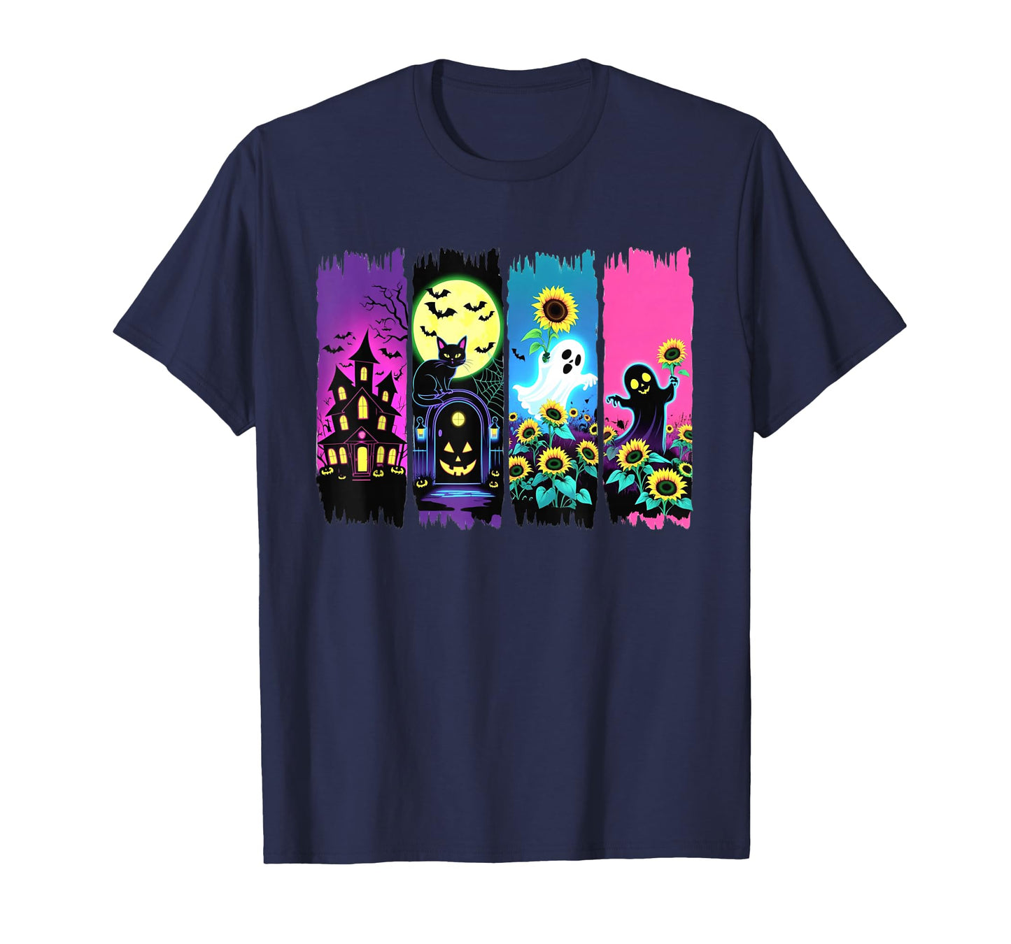 Colorful Halloween Ghosts and Sunflowers Brushstroke Design T-Shirt