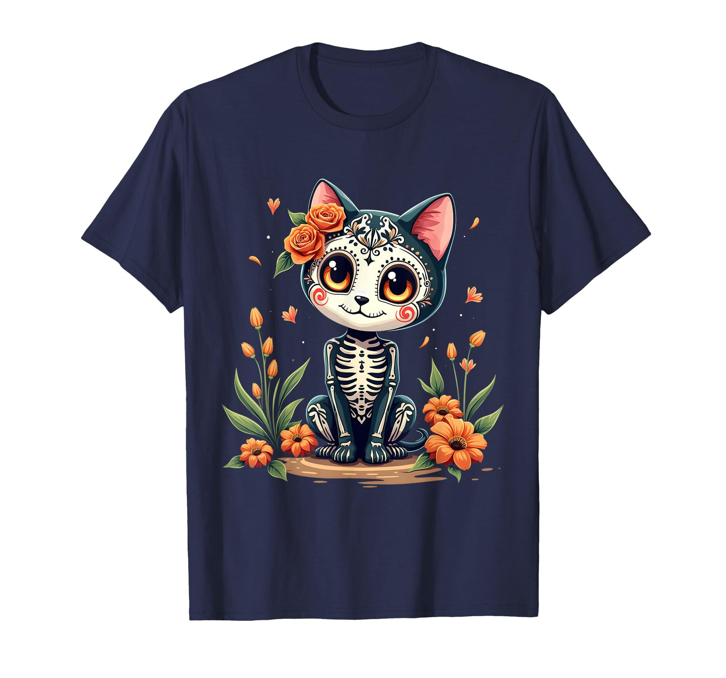 Colorful Sugar Skull Cat Tee Mexican Halloween T-Shirt for Men Women Kids