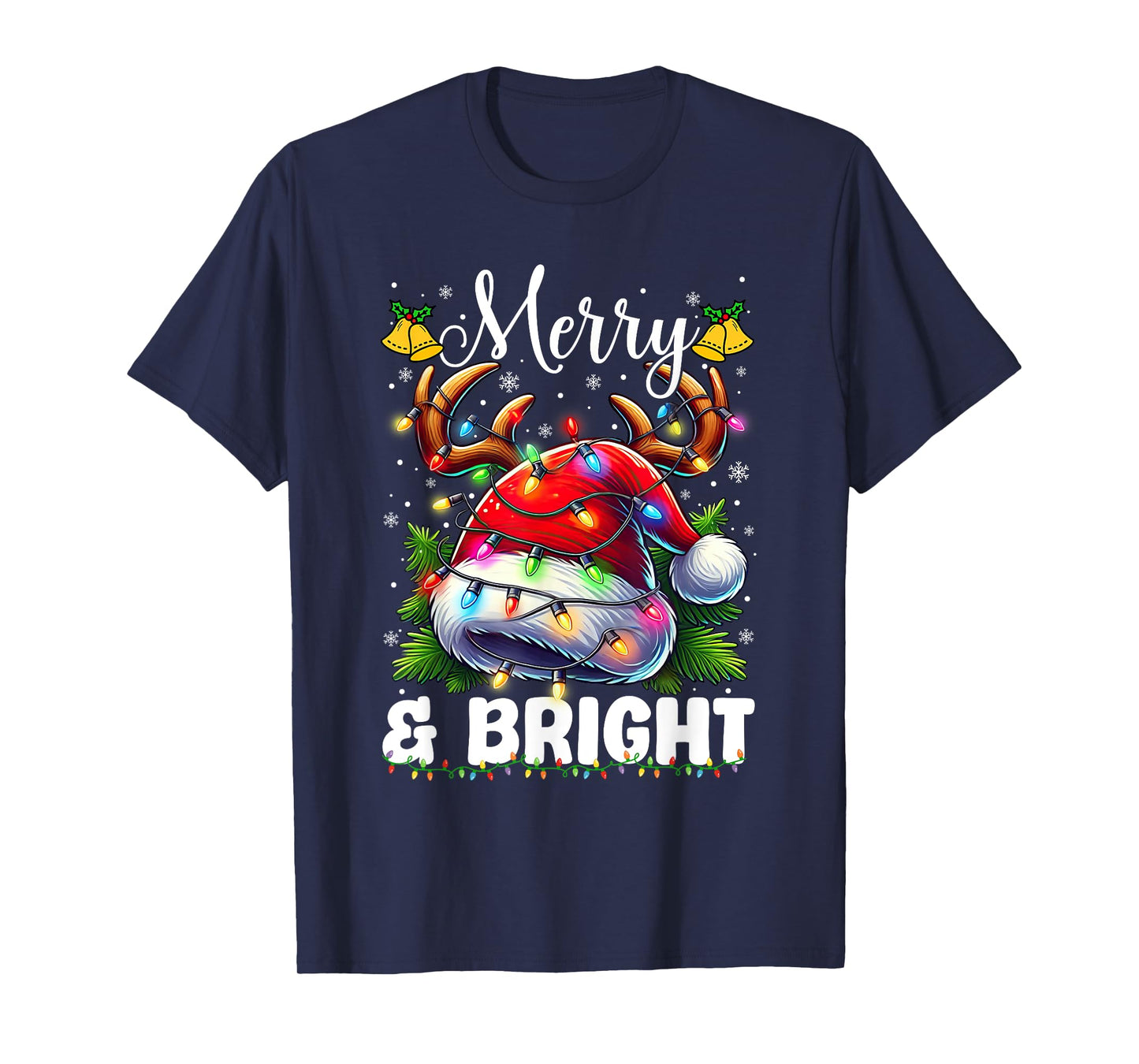Merry and Bright Light Christmas Red Santa Hat Reindeer Xmas T-Shirt