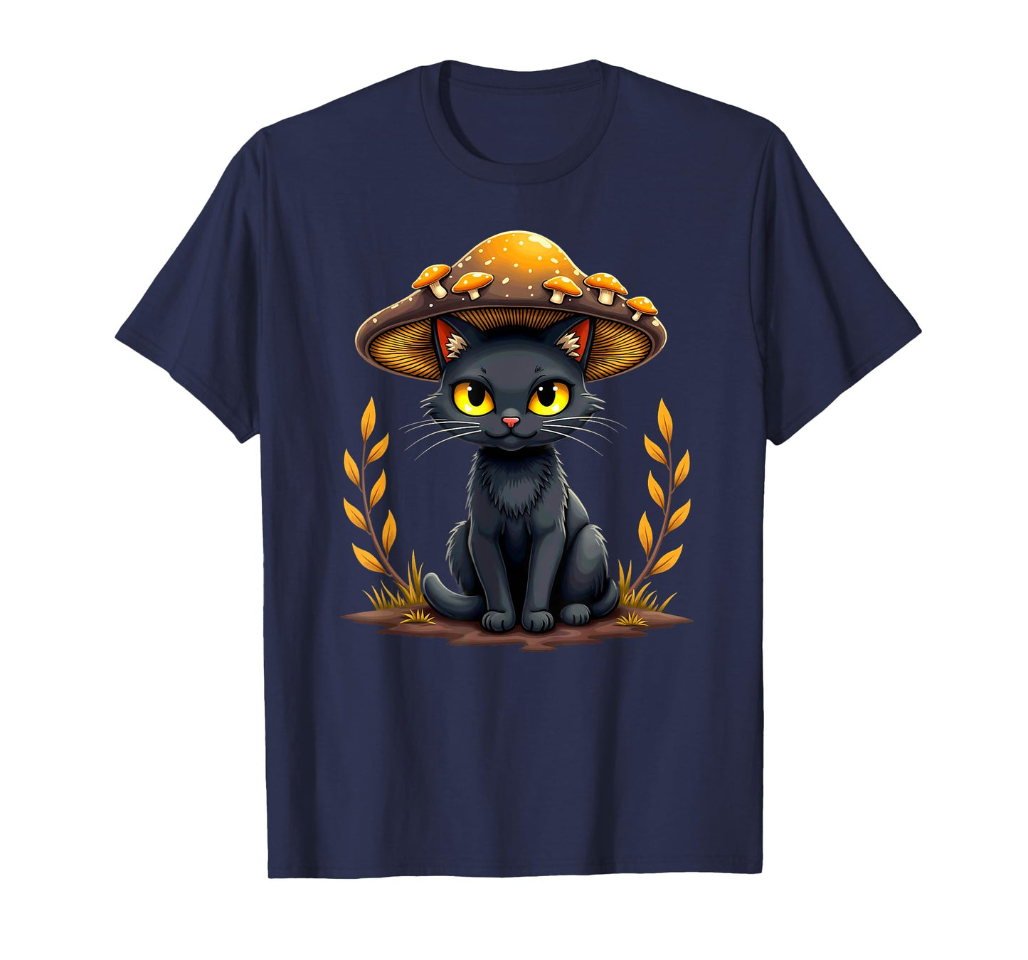 Creepy Black Cat With Mushroom Hat Halloween T-Shirt