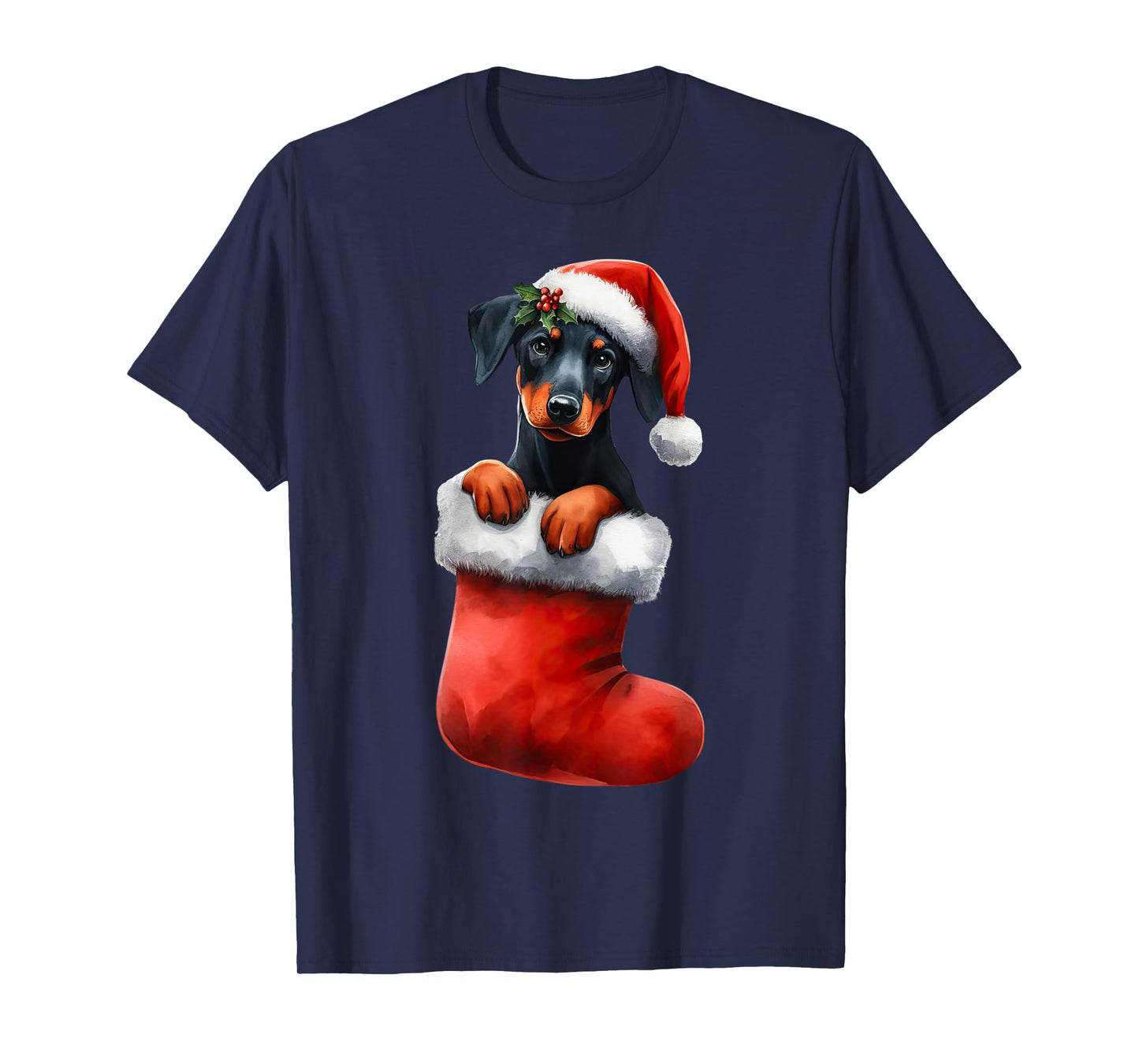 Doberman Pinscher In Sock Christmas Santa Hat Xmas Dog Lover T-Shirt