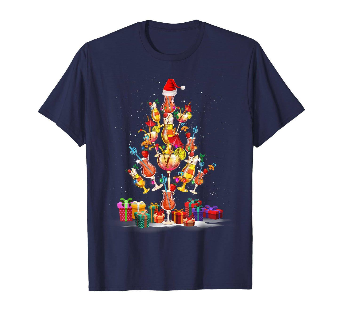Cocktail Glasses Santa Hat Christmas Tree Drinks Xmas Pajama T-Shirt