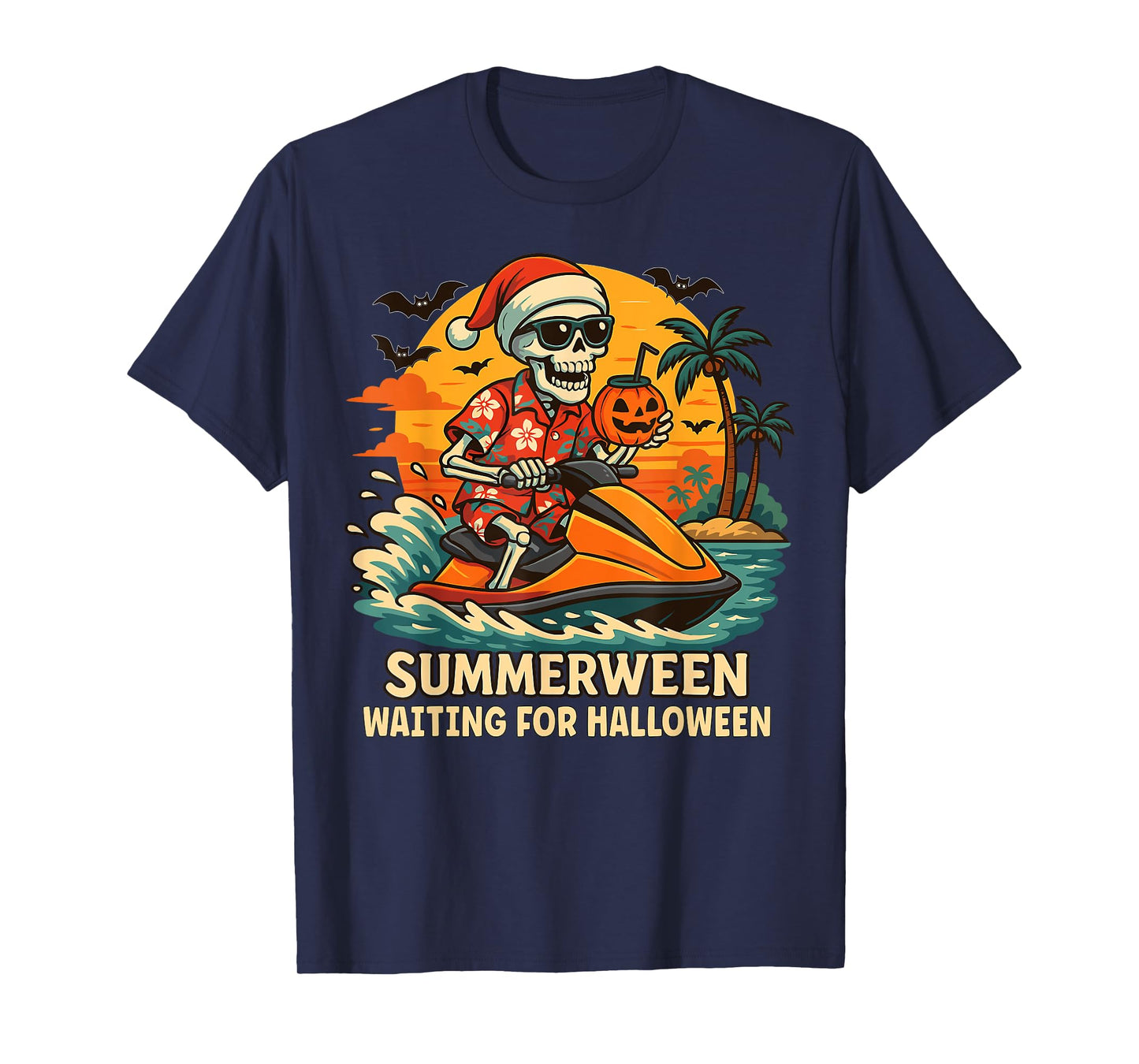 Skeleton Riding Water Scooter Summer Vibes Halloween Funny T-Shirt