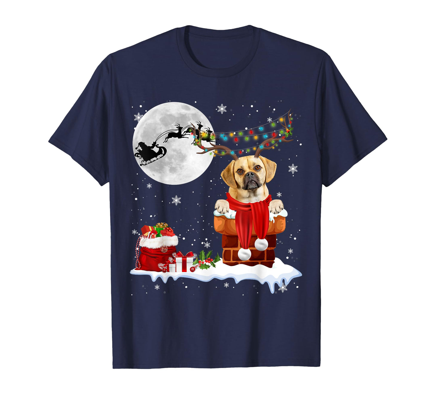 Puggle Dog Chimney Ugly Christmas Lights Xmas Pajamas Men Women Kids T-Shirt