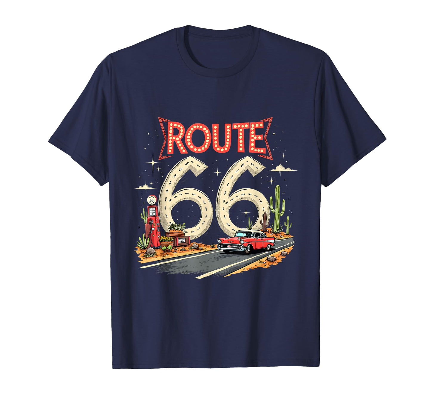Classic Retro Route 66 Desert Scene with Red Vintage Car T-Shirt