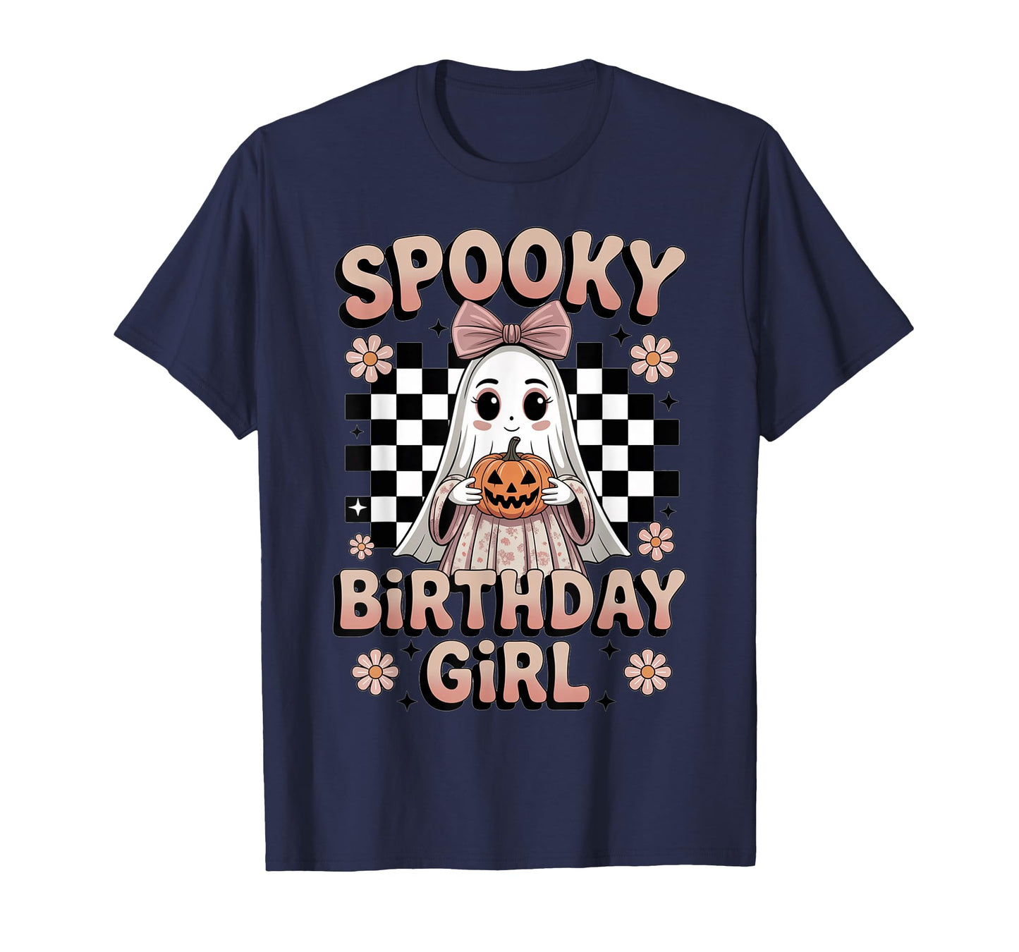 Halloween Birthday Girl Ghost Bow Pumpkin Checkered Spooky T-Shirt