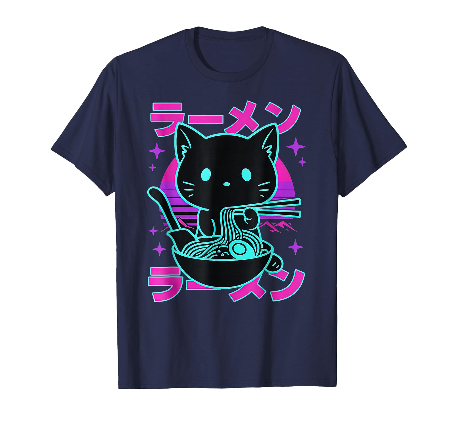 Ramen Cat Retro Sunset Funny Noodle Lover Graphic T-Shirt