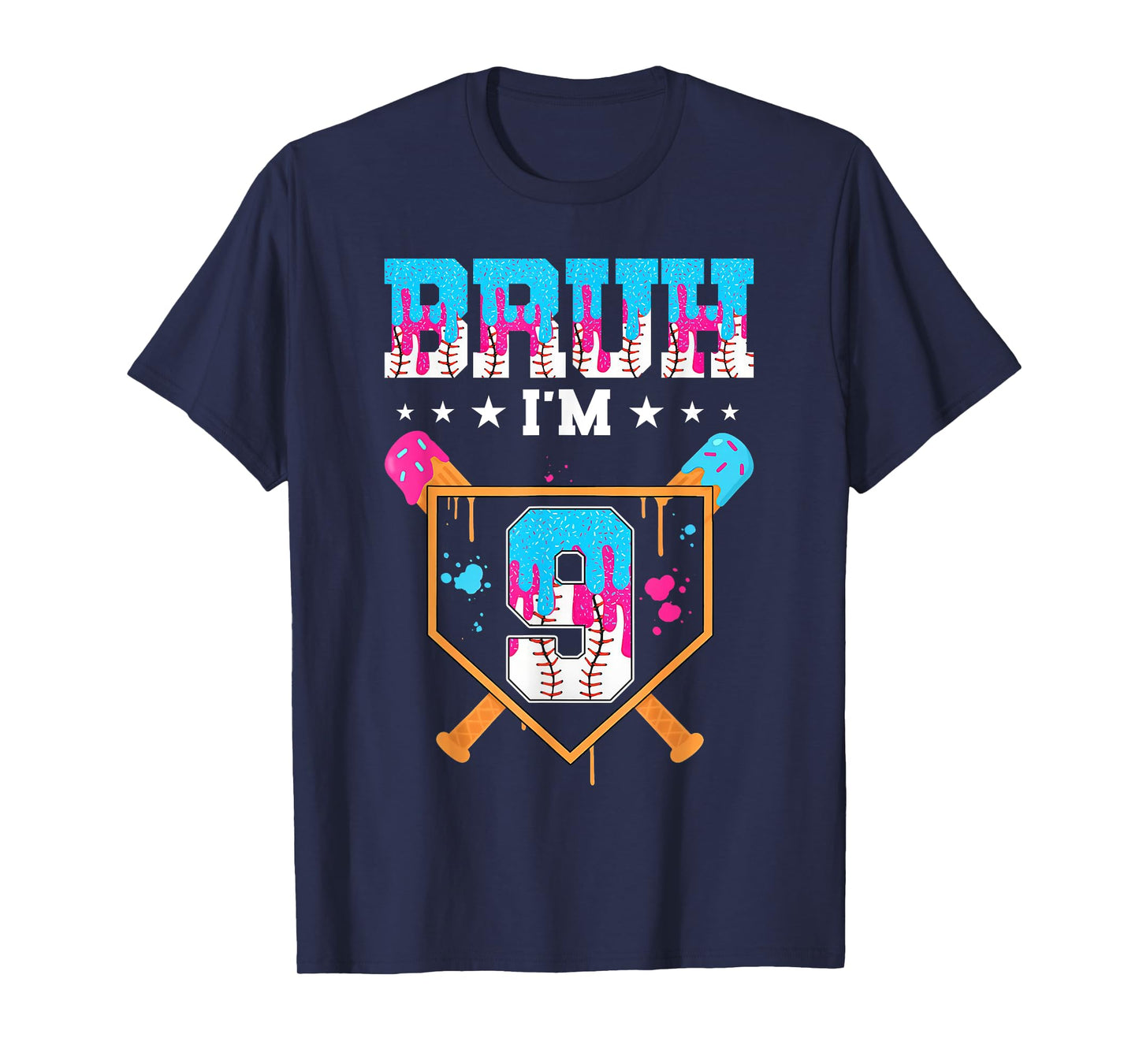 Bruh 9th Birthday Boy Baseball Ice Cream Drip 9 Year Old Boy T-Shirt