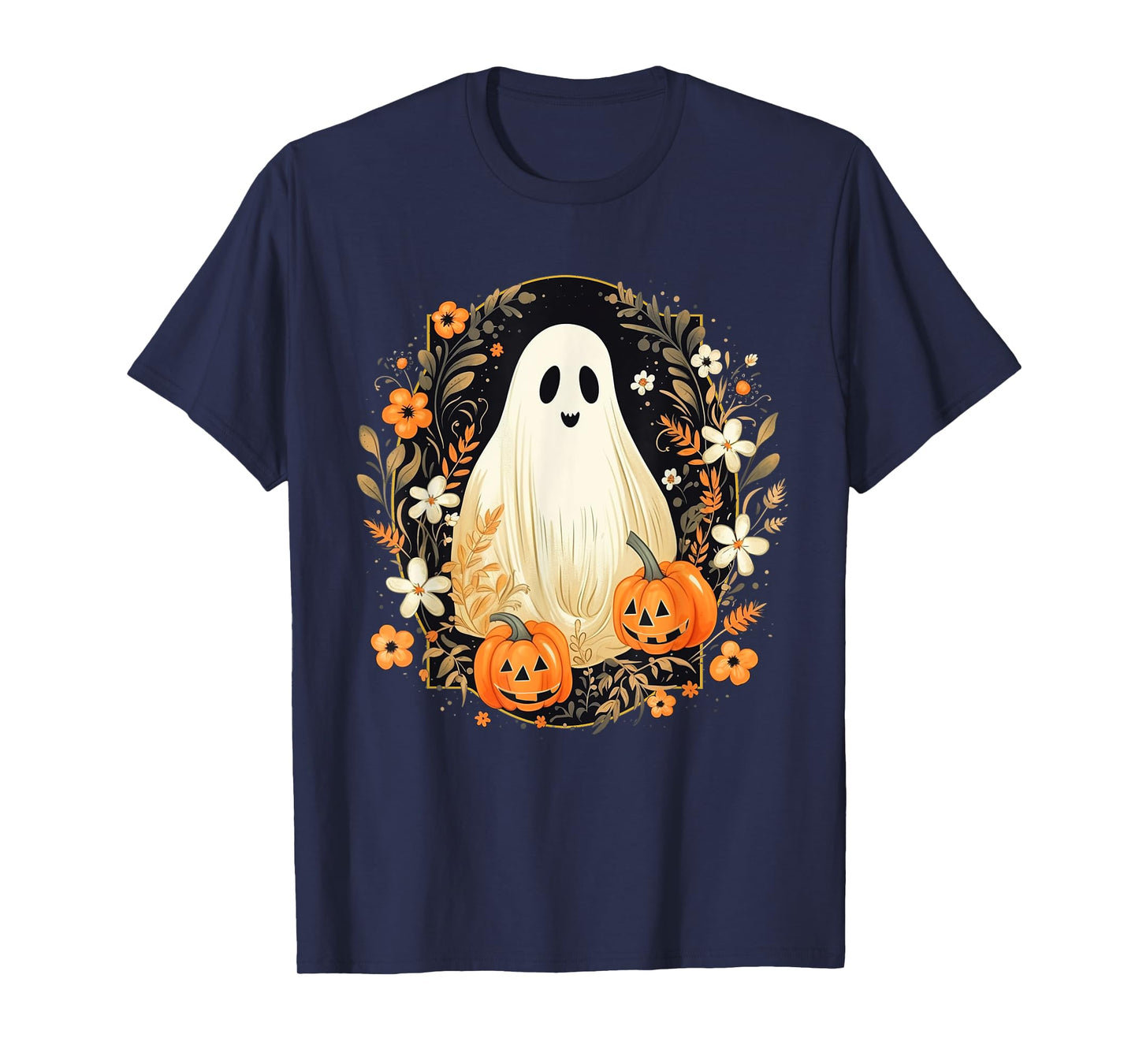 Vintage Floral Ghost Halloween Ghost Pumpkin Jack-o-Lantern T-Shirt