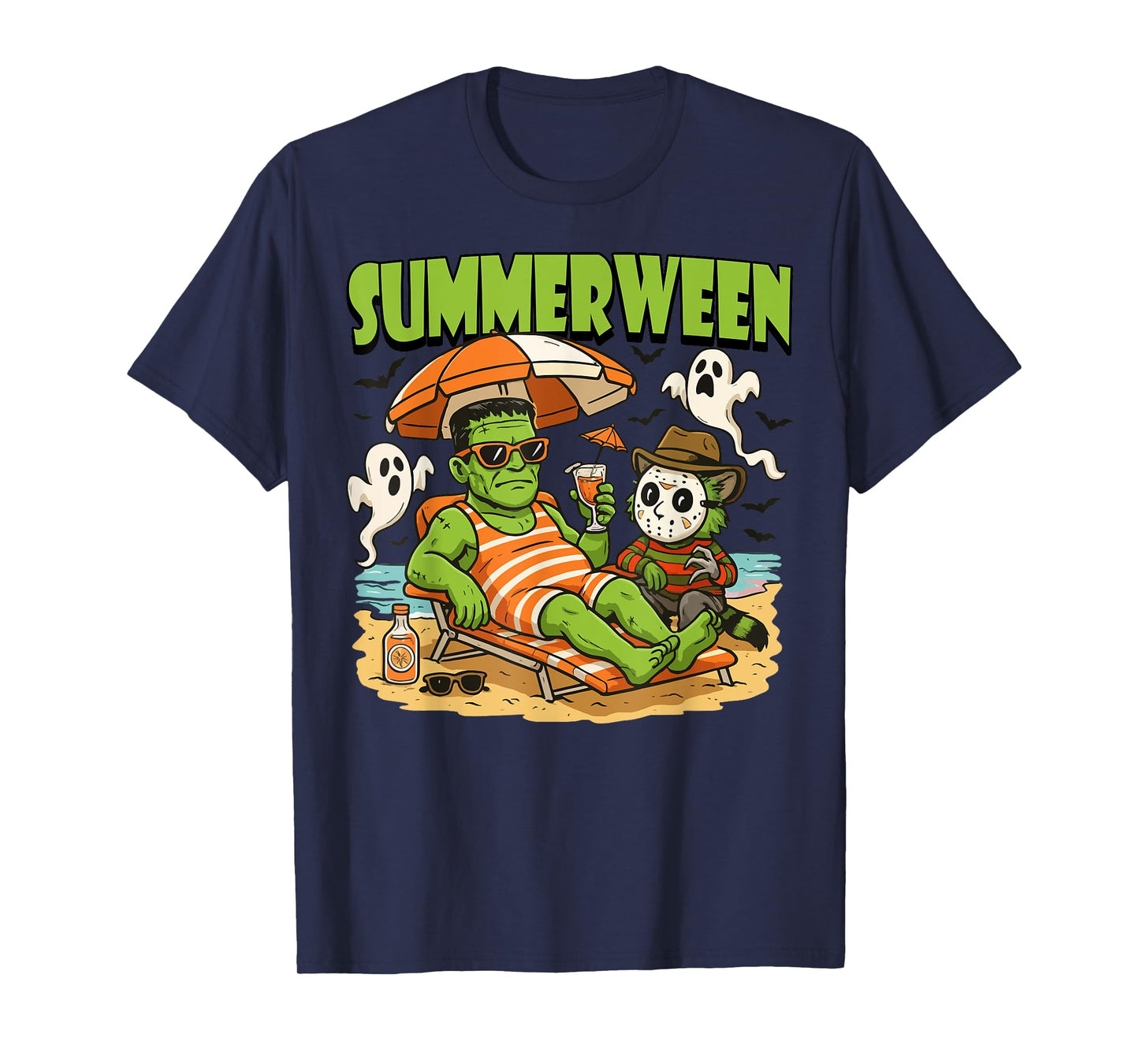 Summerween Funny Horror Characters Halloween on the Beach T-Shirt