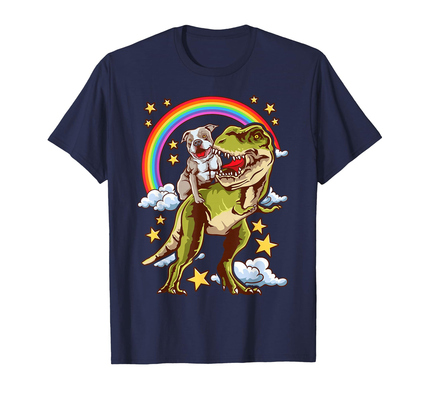 Funny Pitbull Riding A Dinosaur Rainbow Illustration Fun T-Shirt